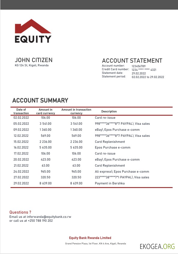 Modèle de relevé de preuve d'adresse de la Rwanda Equity Bank au format Word et PDF template Modèle de relevé de preuve d'adresse de la Rwanda Equity Bank au format Word et PDF template